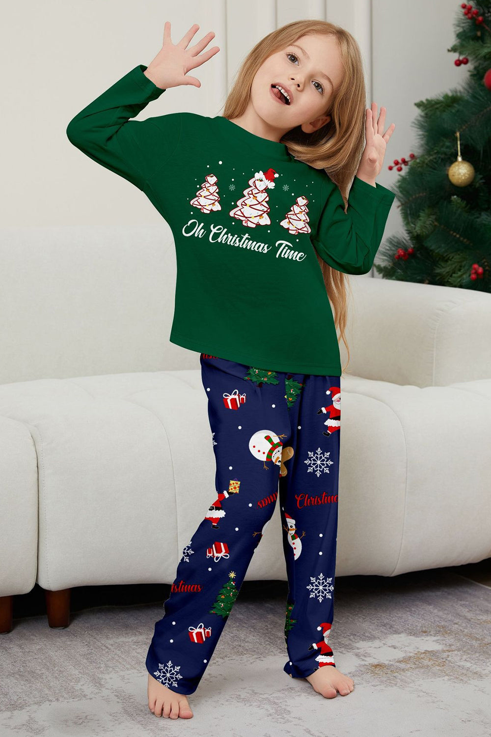 Green Blue Tree Print Long-Sleeve Christmas Family Matching Pajamas