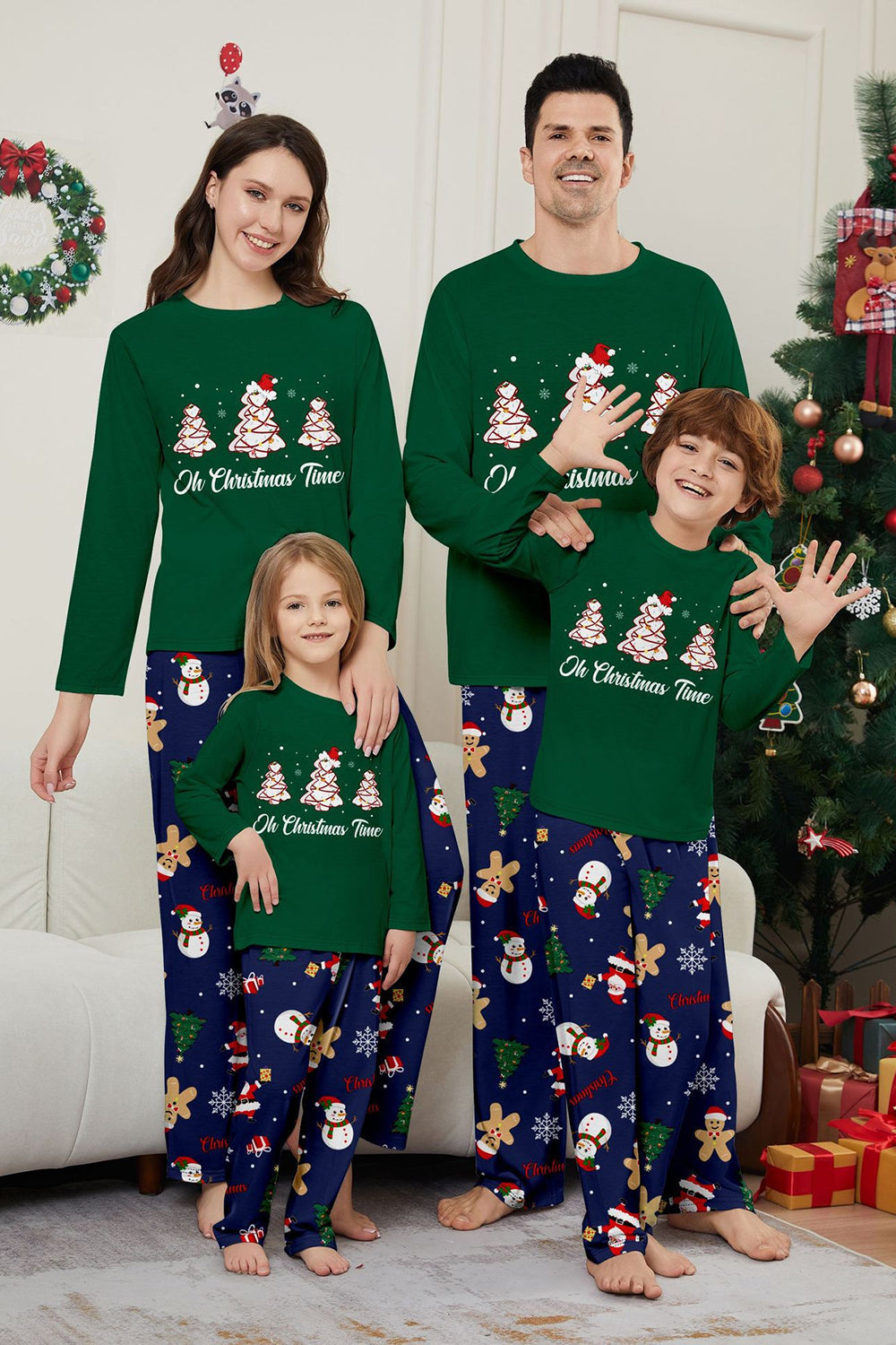 Green Blue Tree Print Long-Sleeve Christmas Family Matching Pajamas