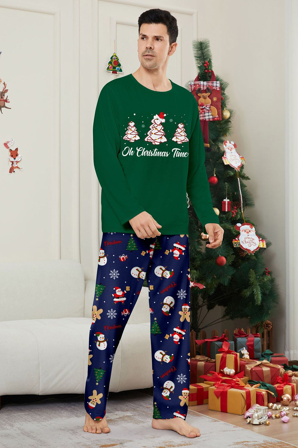 Green Blue Tree Print Long-Sleeve Christmas Family Matching Pajamas