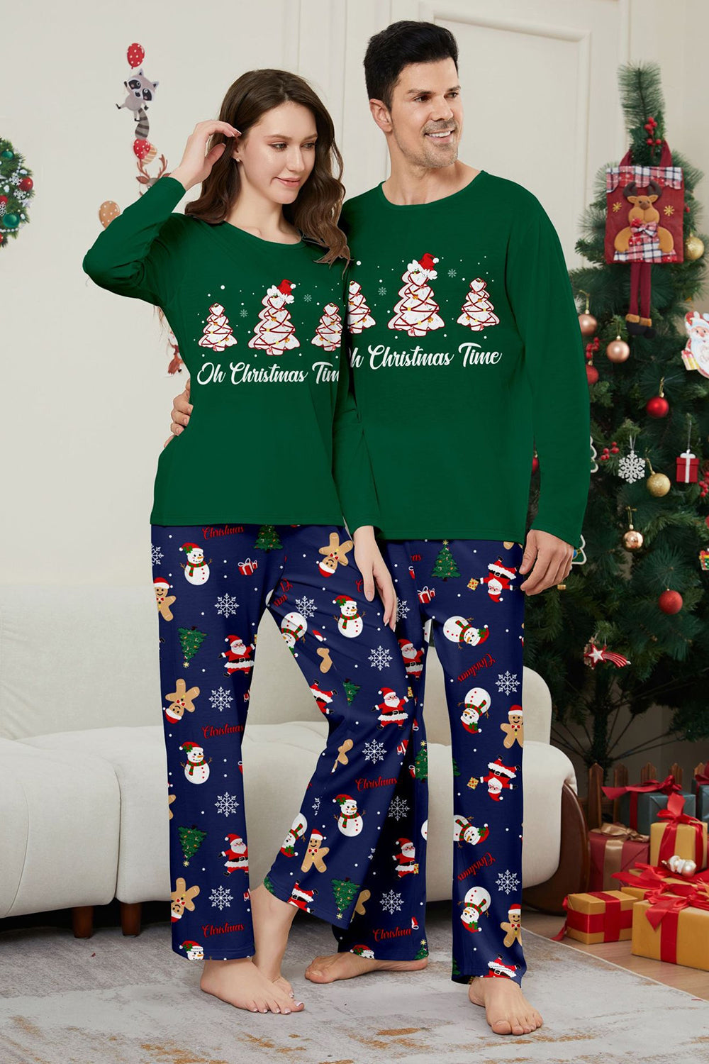 Green Blue Tree Print Long-Sleeve Christmas Family Matching Pajamas