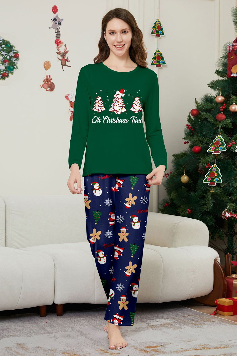 Green Blue Tree Print Long-Sleeve Christmas Family Matching Pajamas