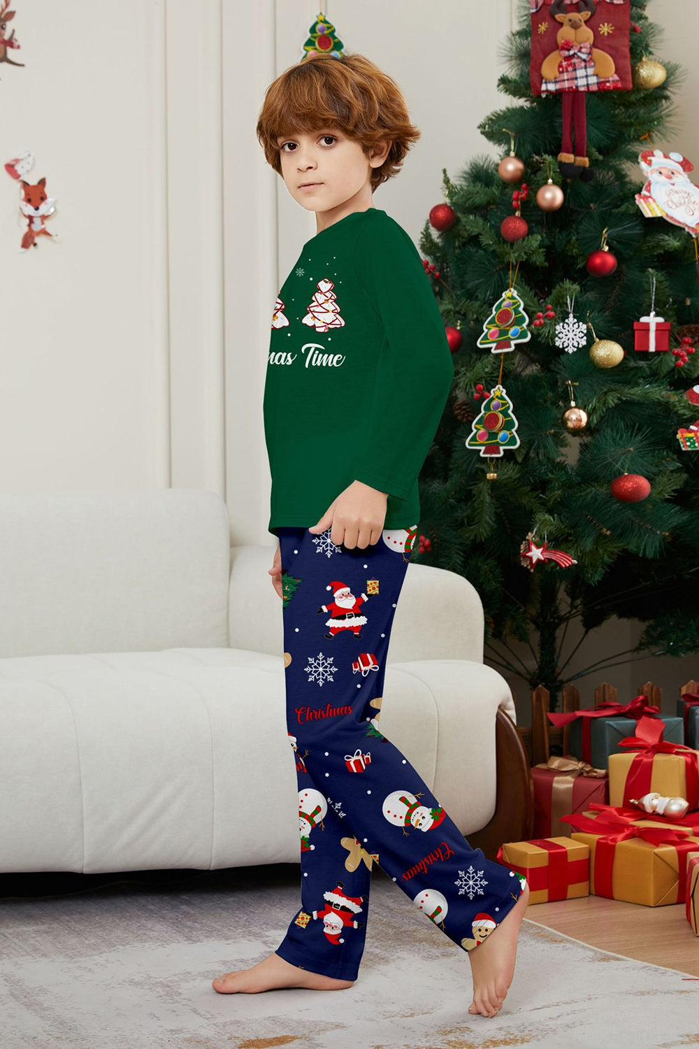 Green Blue Tree Print Long-Sleeve Christmas Family Matching Pajamas