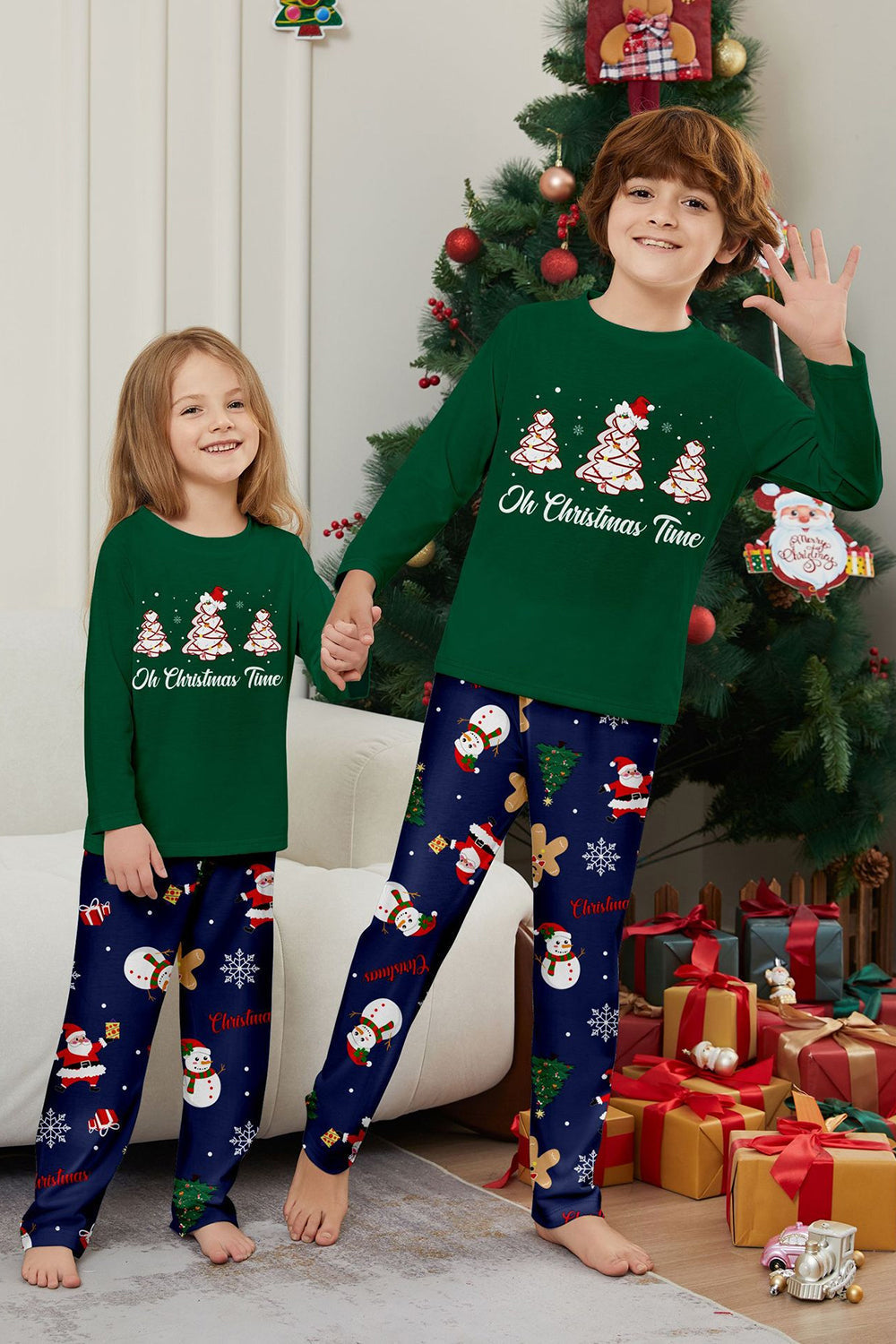Green Blue Tree Print Long-Sleeve Christmas Family Matching Pajamas