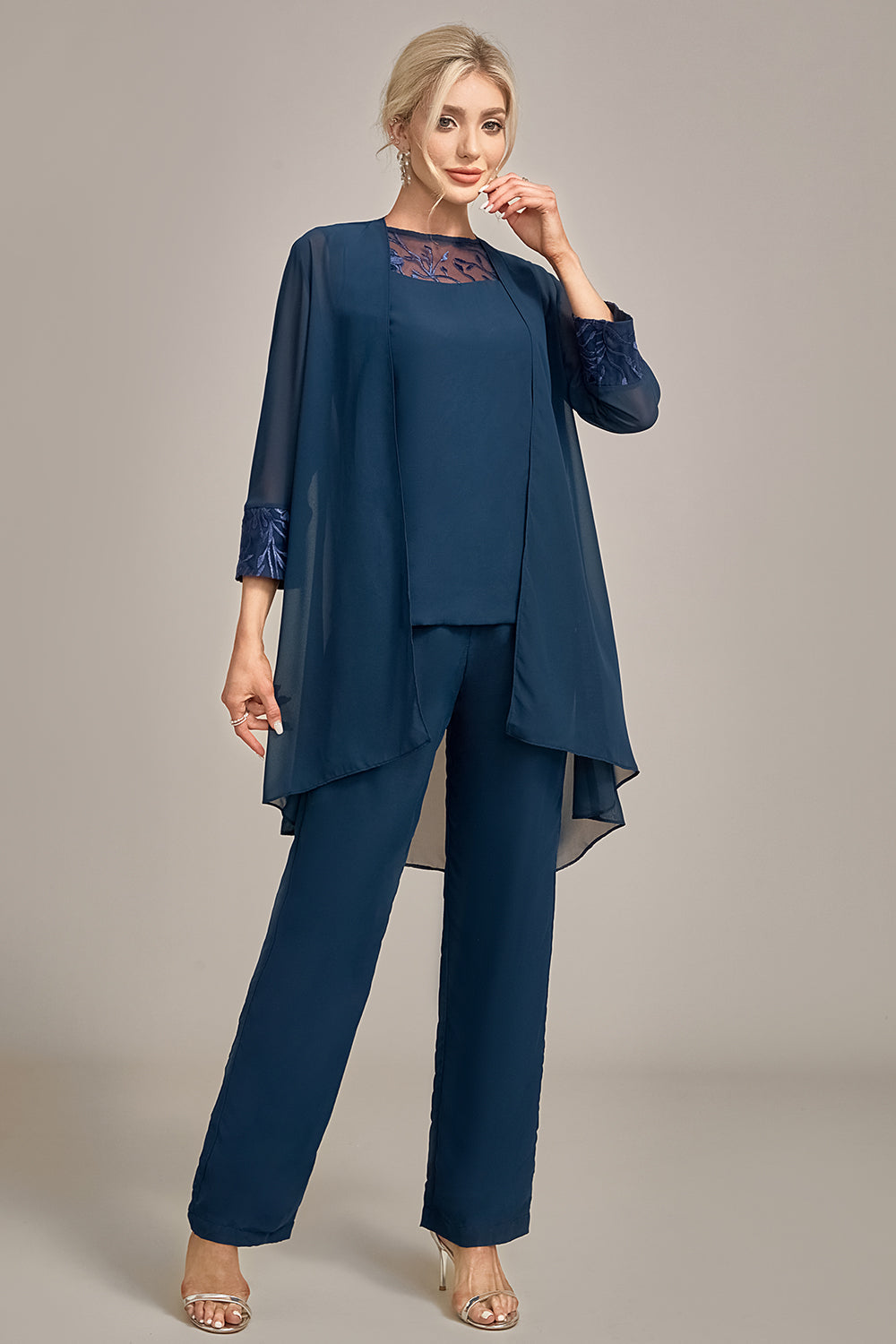 Ensembles Pantalons Mère de la Mariée 3 Pièces Manches Longues Bleu Marine