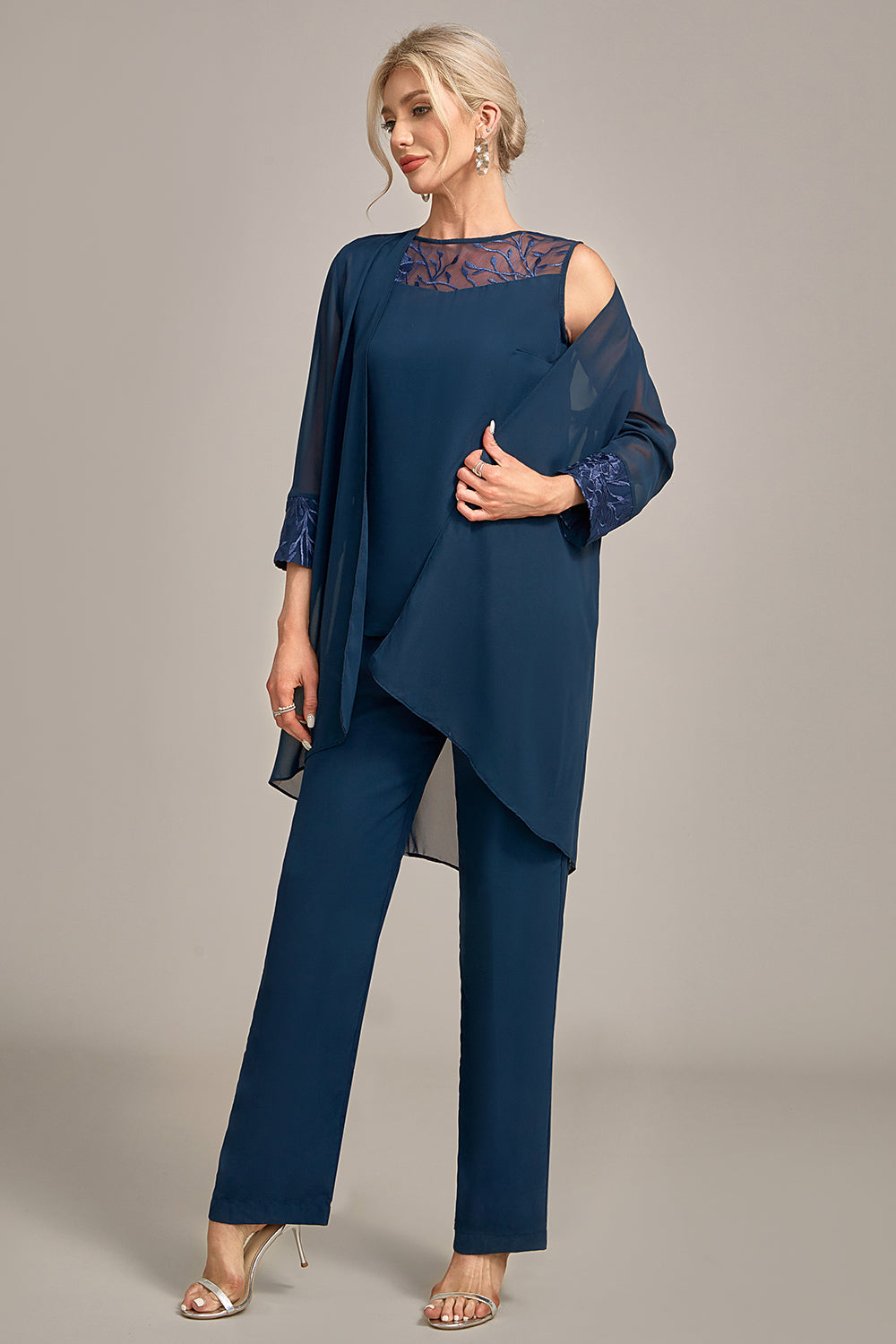 Ensembles Pantalons Mère de la Mariée 3 Pièces Manches Longues Bleu Marine