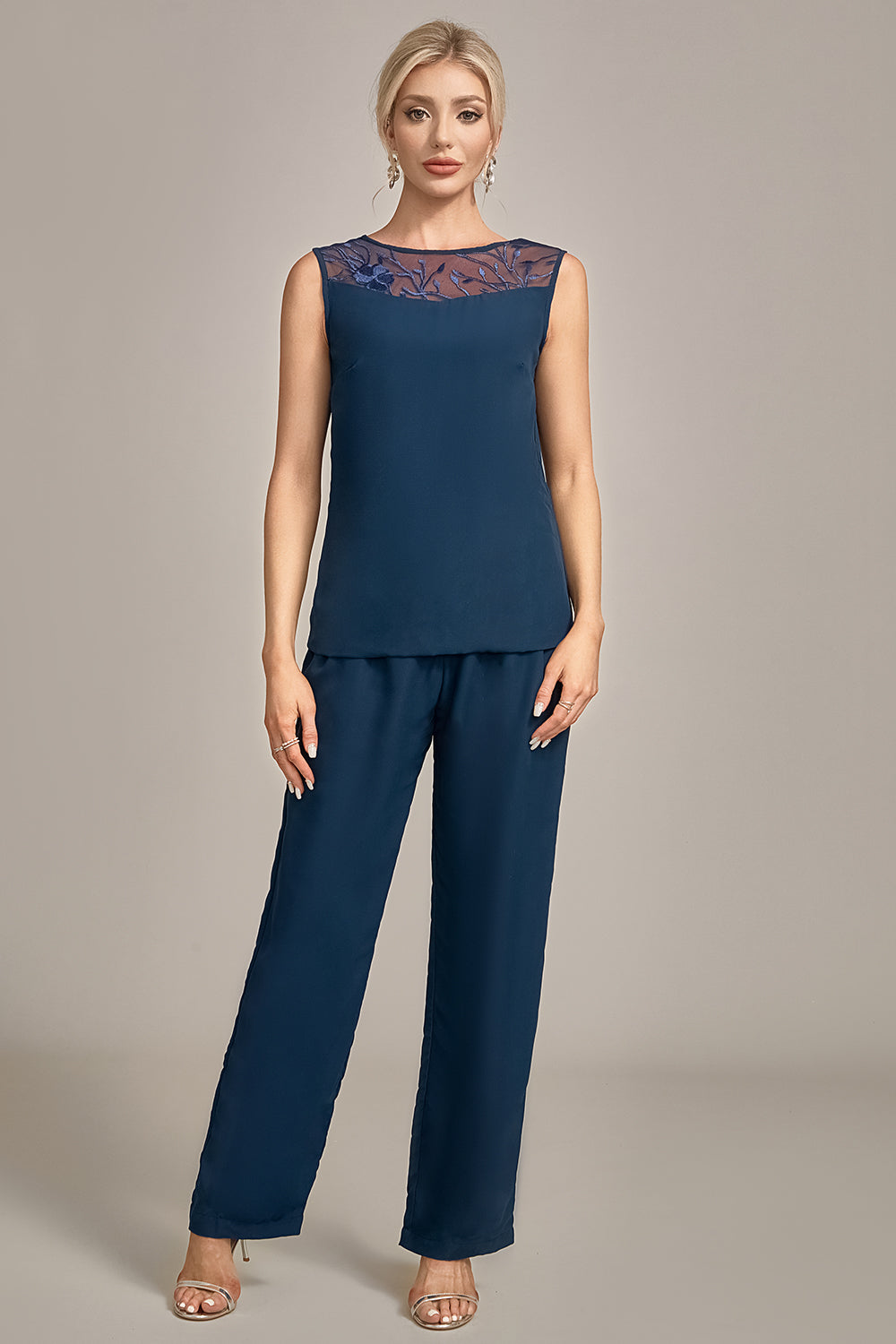Ensembles Pantalons Mère de la Mariée 3 Pièces Manches Longues Bleu Marine
