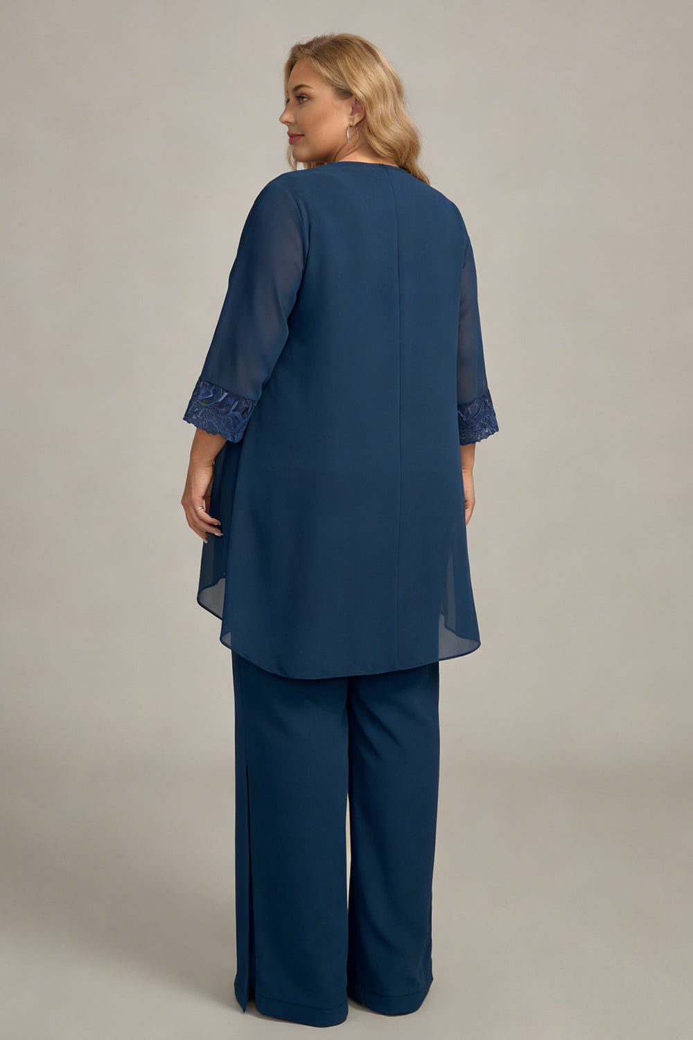 Ensembles Pantalons Mère de la Mariée 3 Pièces Manches Longues Bleu Marine