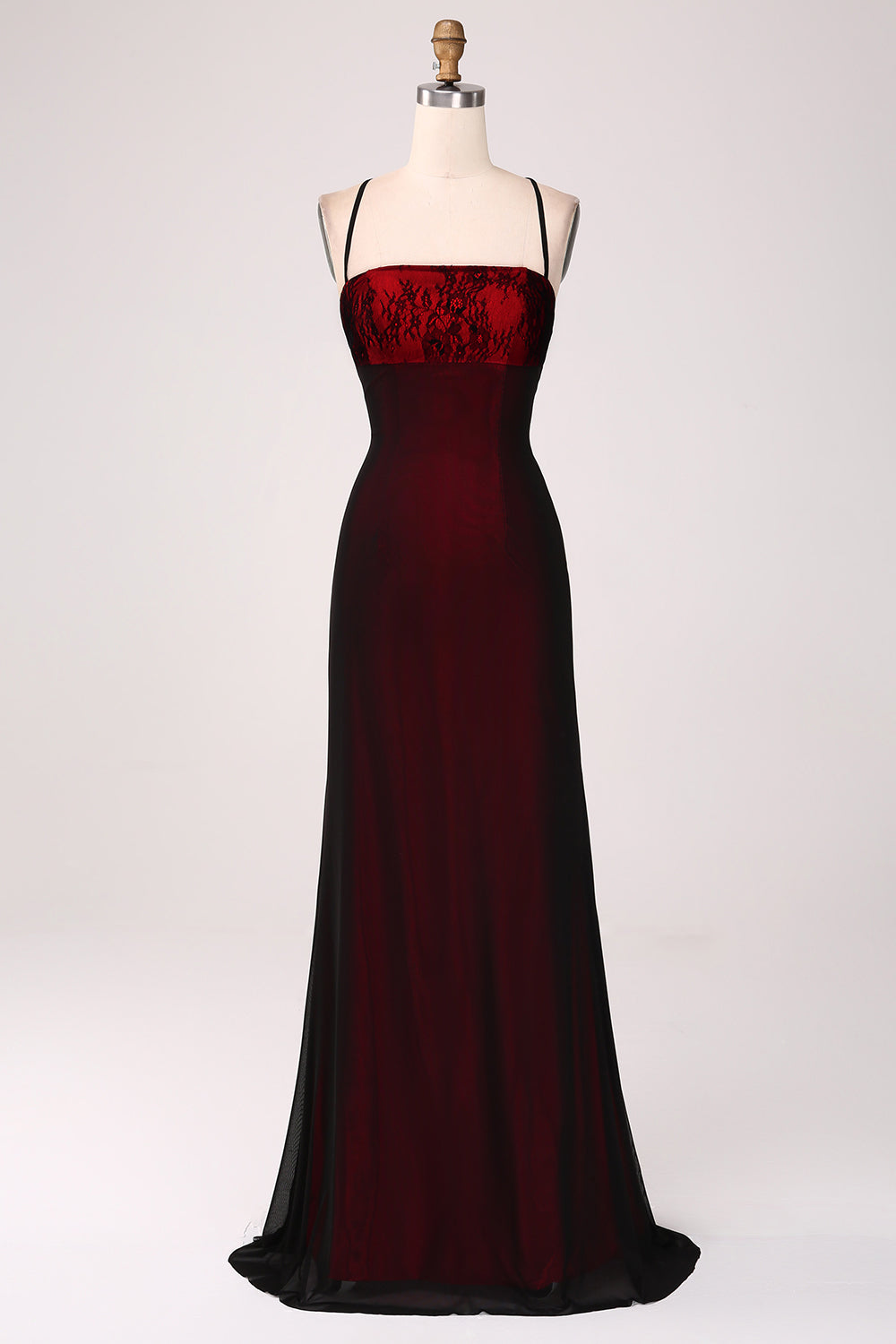 Robe de demoiselle d'honneur noire et rouge fourreau avec dos lacé