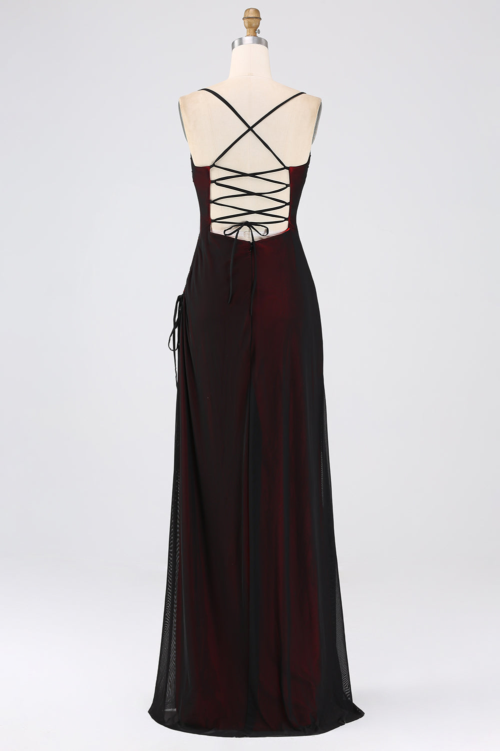 Robe longue de demoiselle d'honneur noire et bleue avec bretelles fines, sirène plissée et fendue