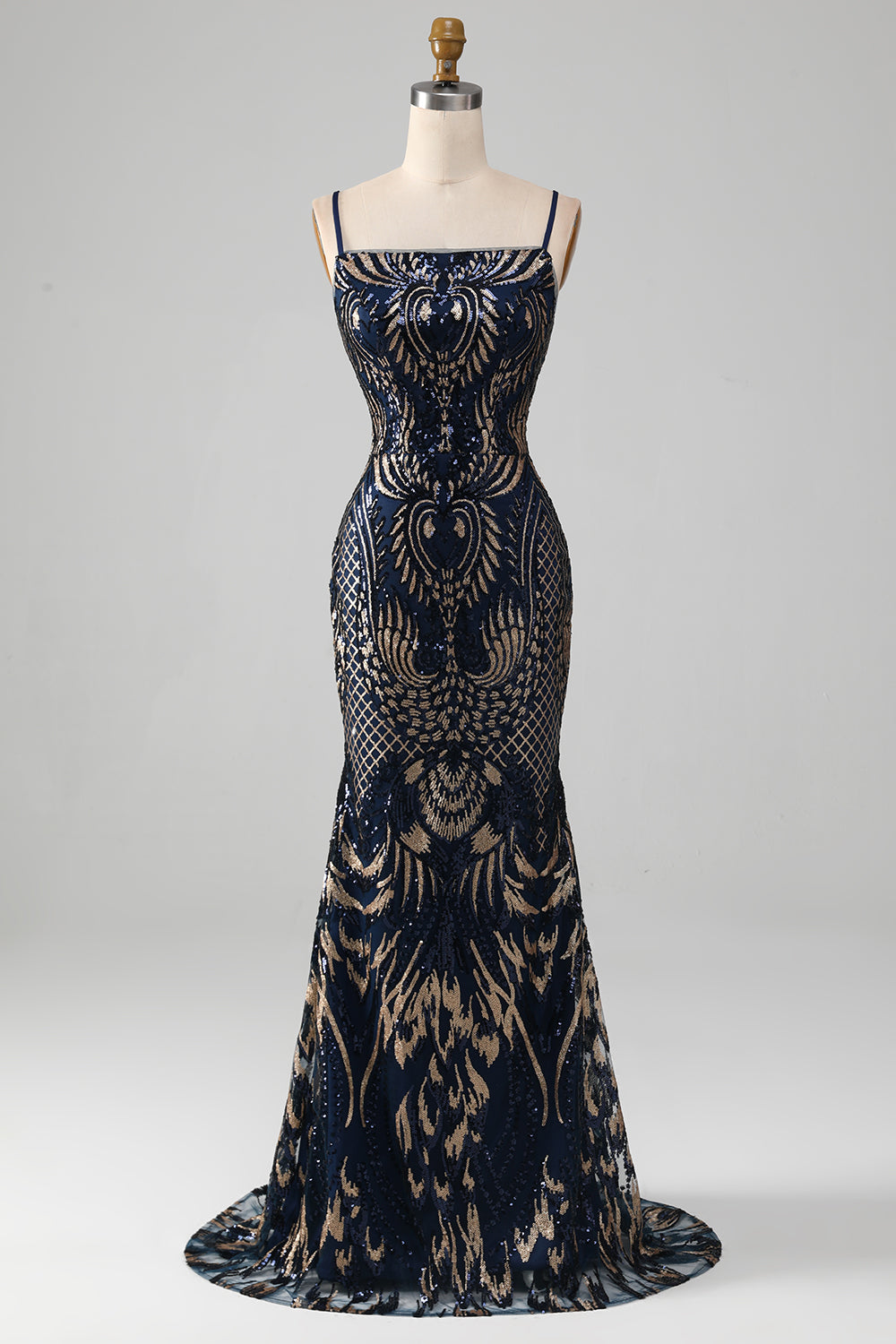 Robe de bal sirène bleu marine scintillante à fines bretelles