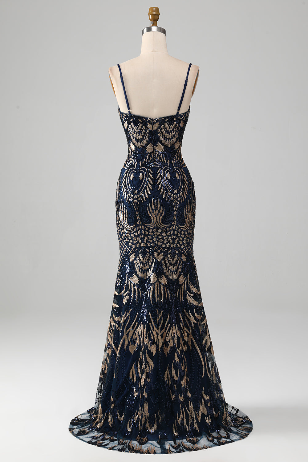 Robe de bal sirène bleu marine scintillante à fines bretelles