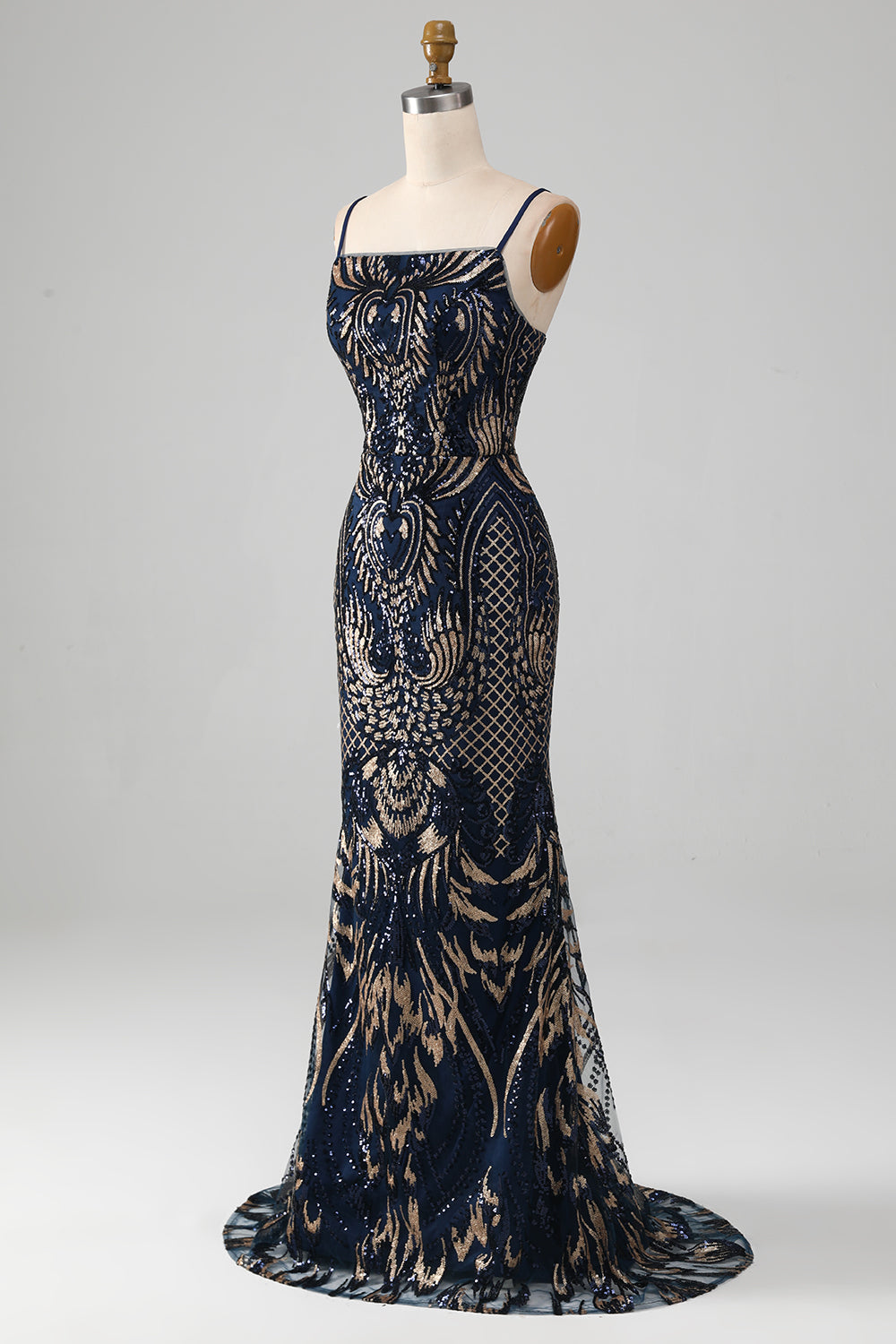 Robe de bal sirène bleu marine scintillante à fines bretelles