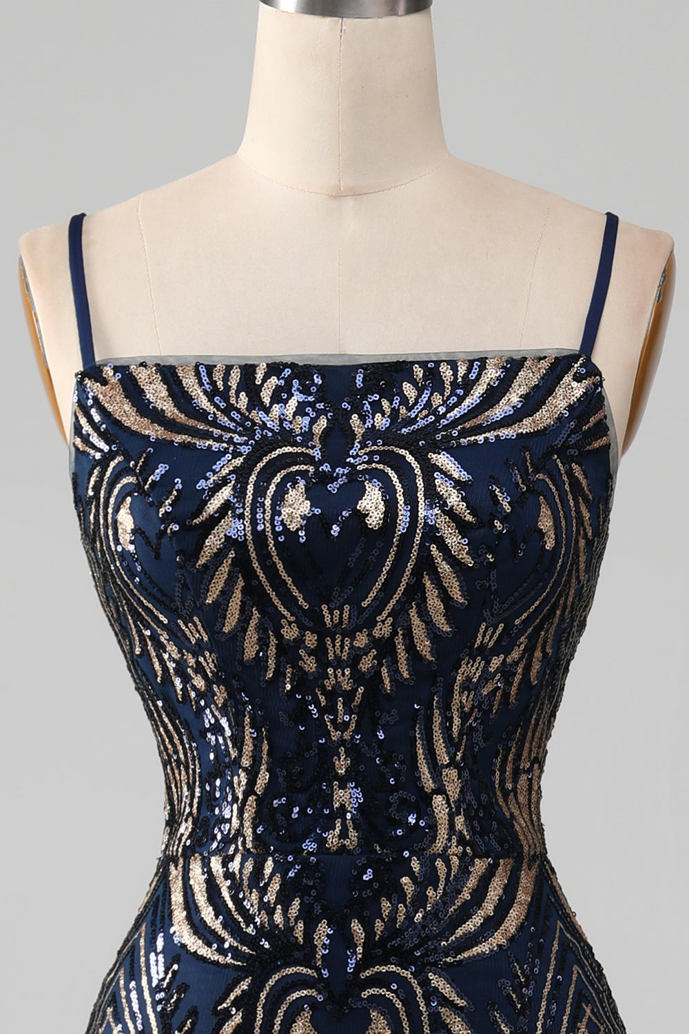Robe de bal sirène bleu marine scintillante à fines bretelles