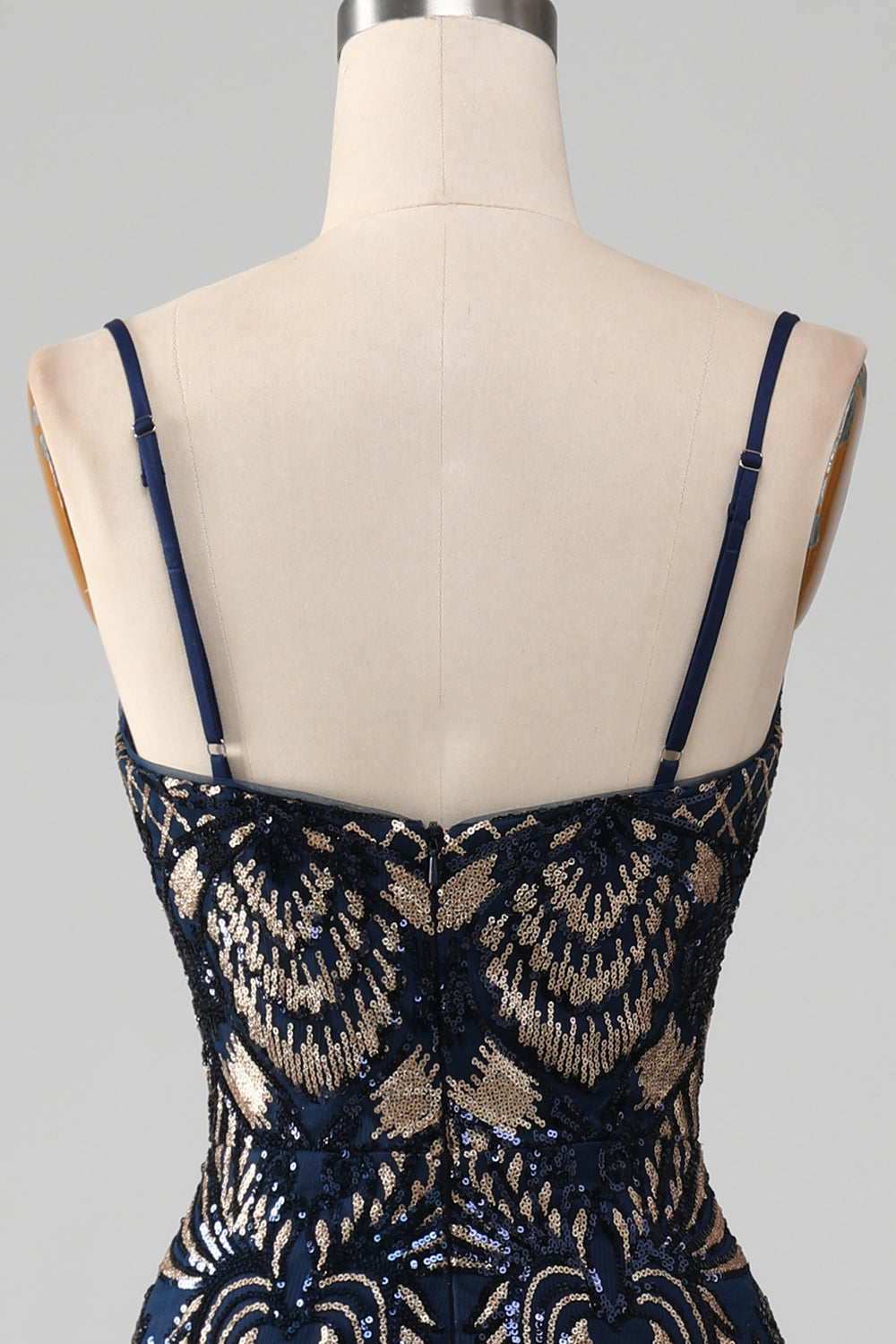 Robe de bal sirène bleu marine scintillante à fines bretelles