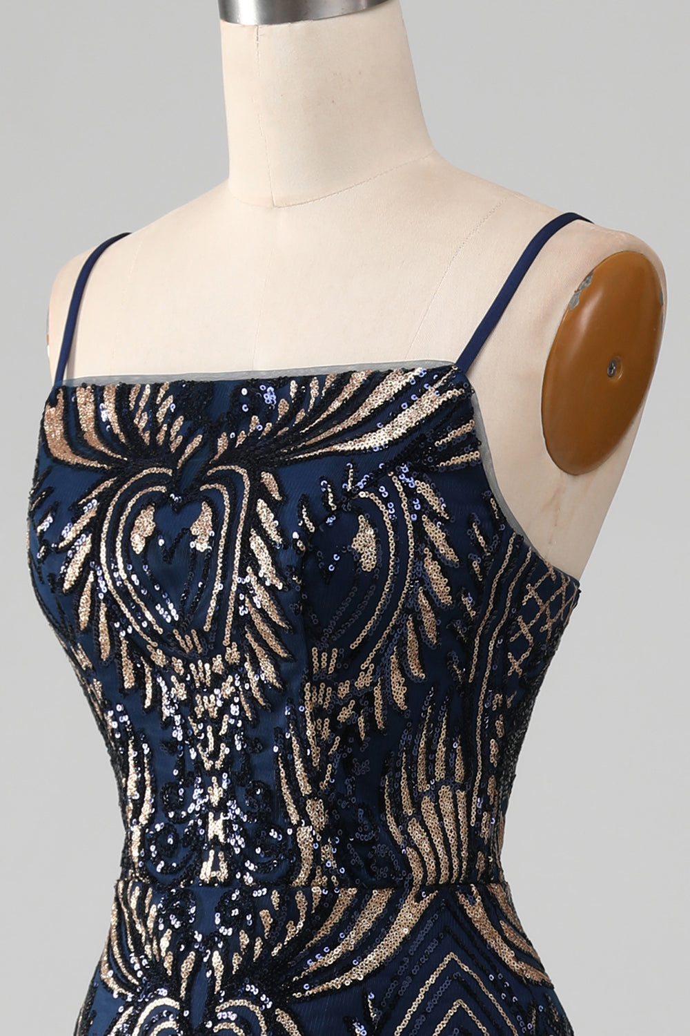 Robe de bal sirène bleu marine scintillante à fines bretelles