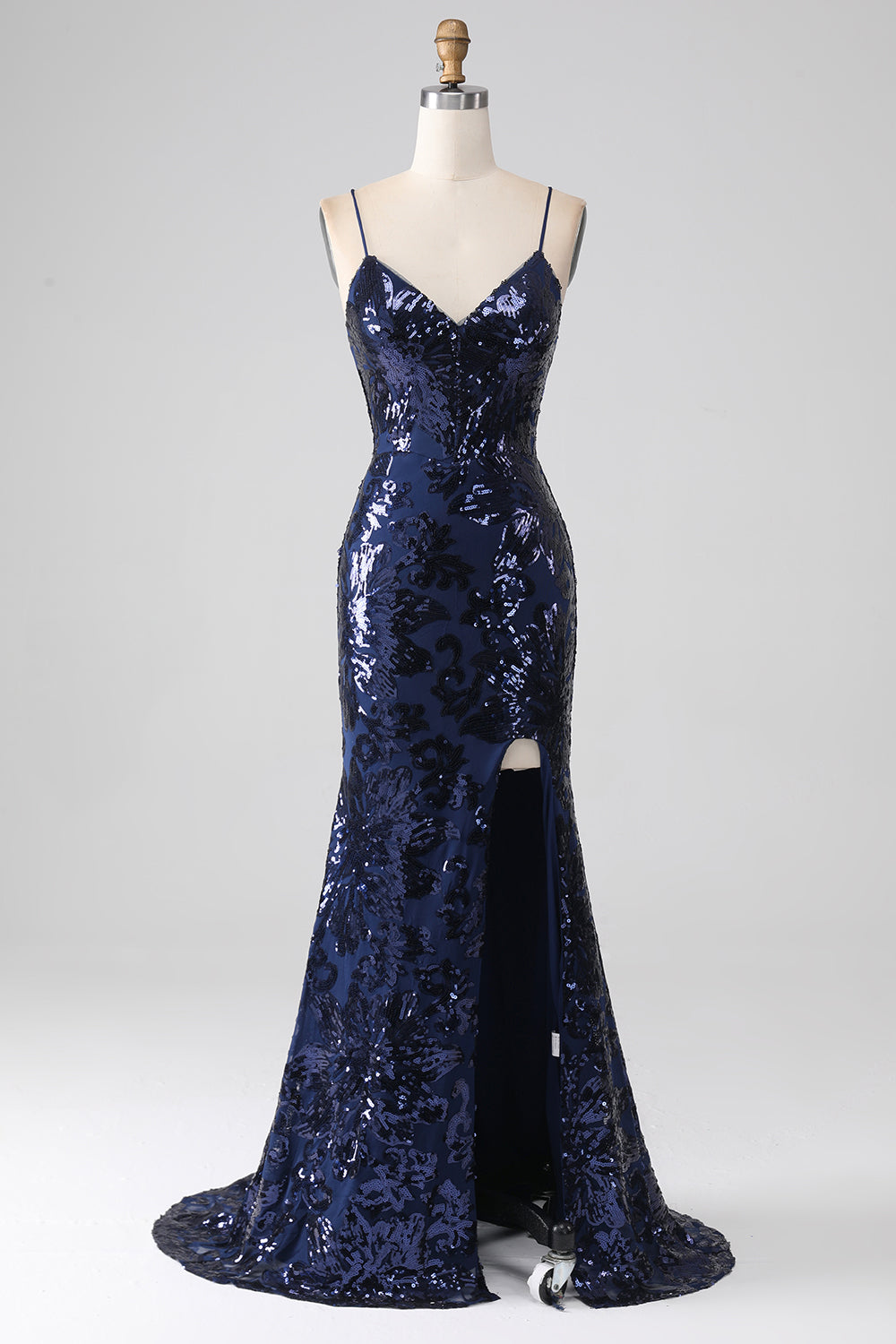 Robe de bal sirène à sequins scintillants, fines bretelles et fente