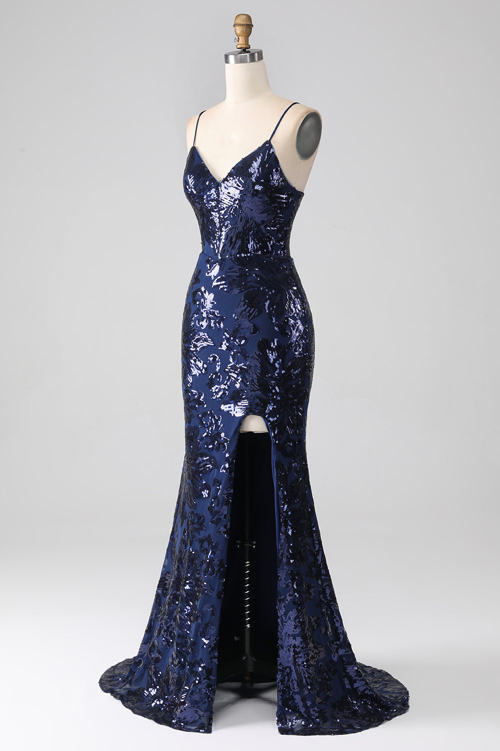 Robe de bal sirène à sequins scintillants, fines bretelles et fente