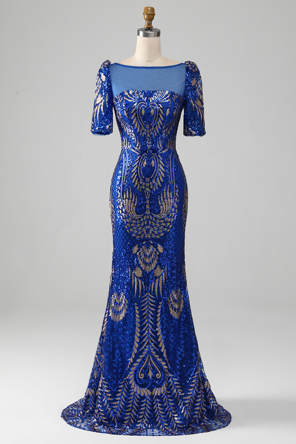 Robe de bal sirène bleu roi scintillante à manches courtes
