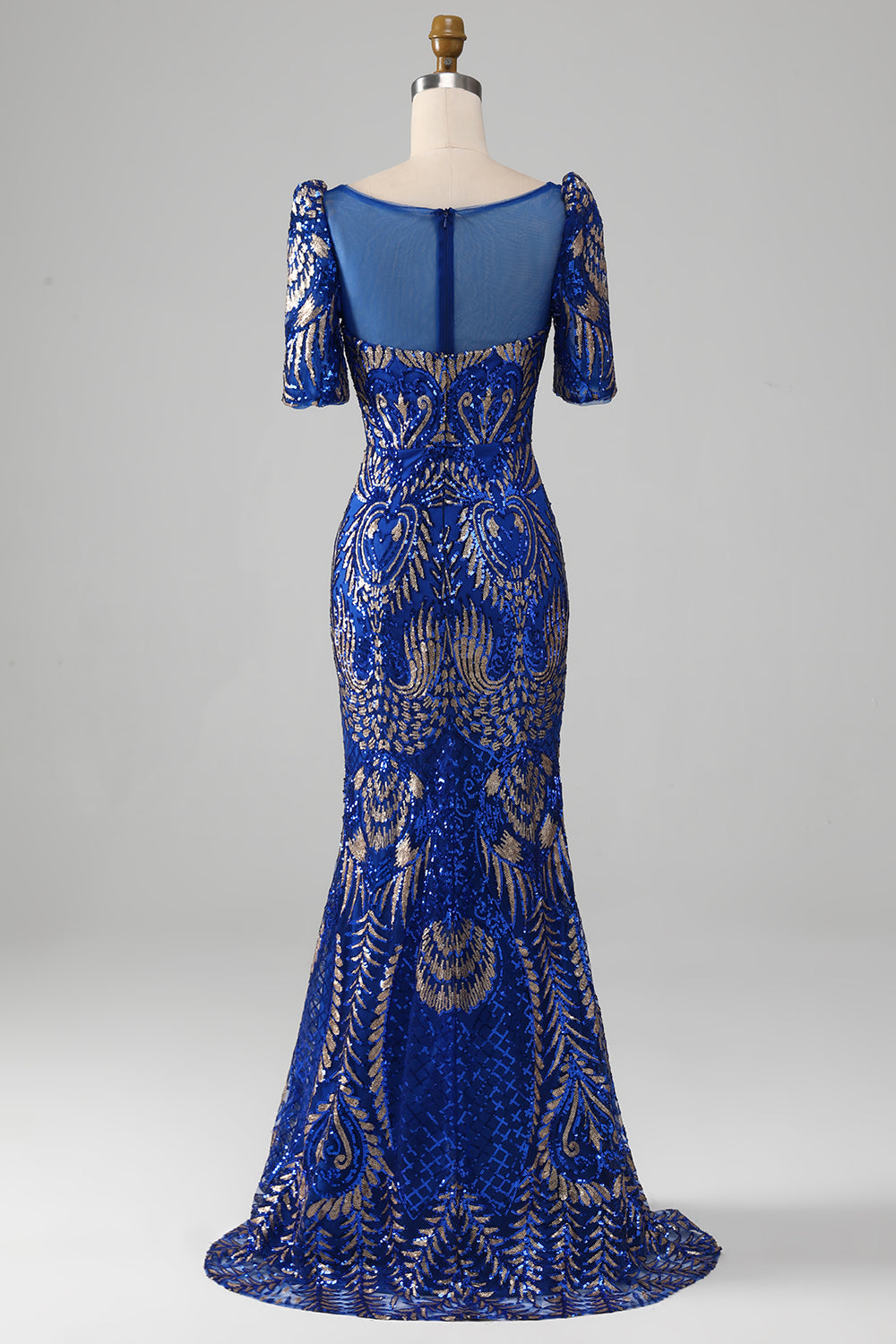 Robe de bal sirène bleu roi scintillante à manches courtes