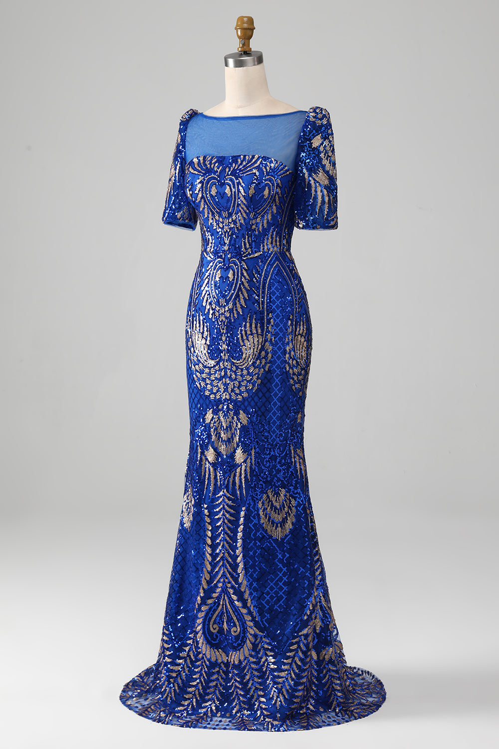 Robe de bal sirène bleu roi scintillante à manches courtes