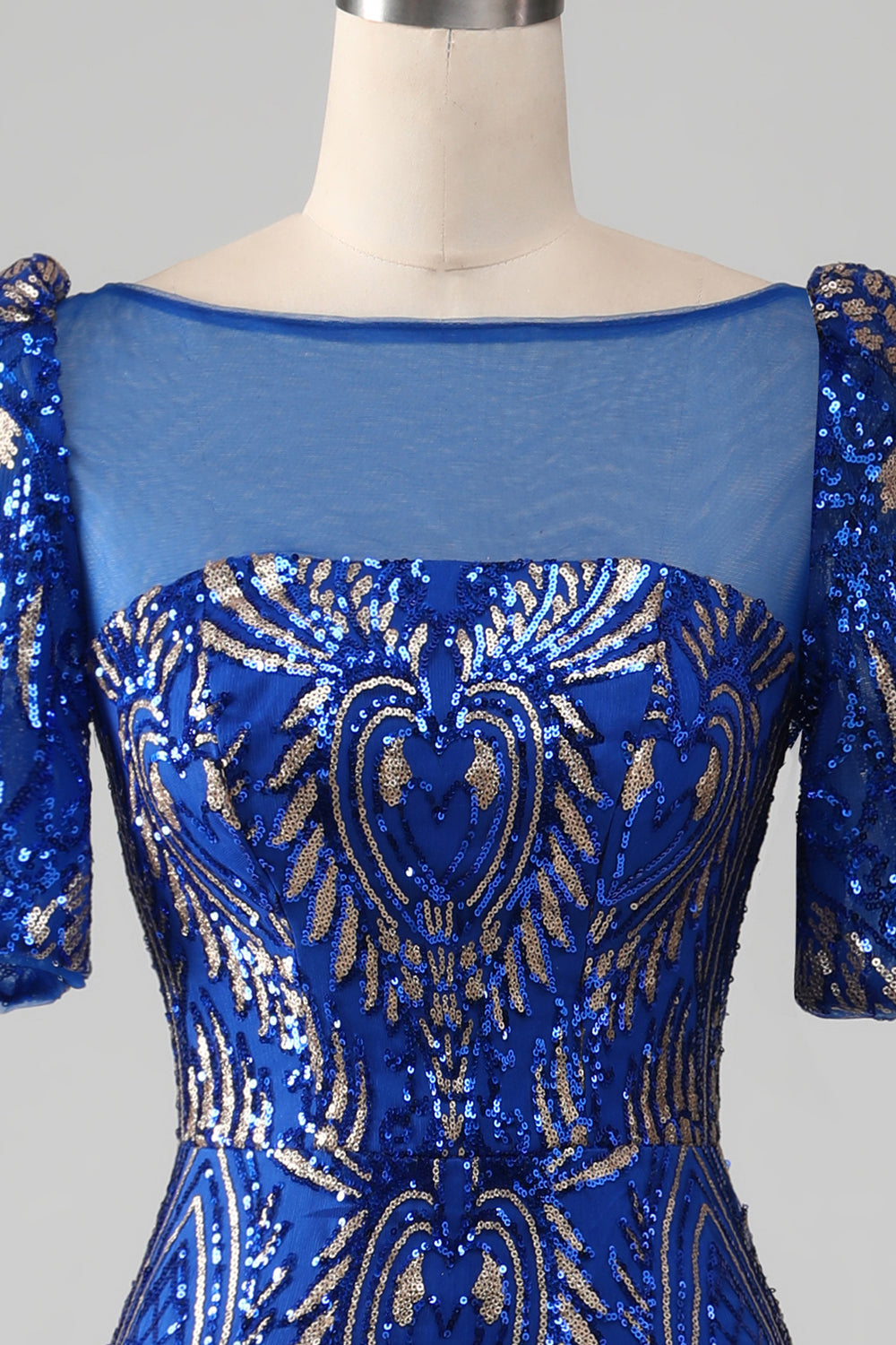 Robe de bal sirène bleu roi scintillante à manches courtes