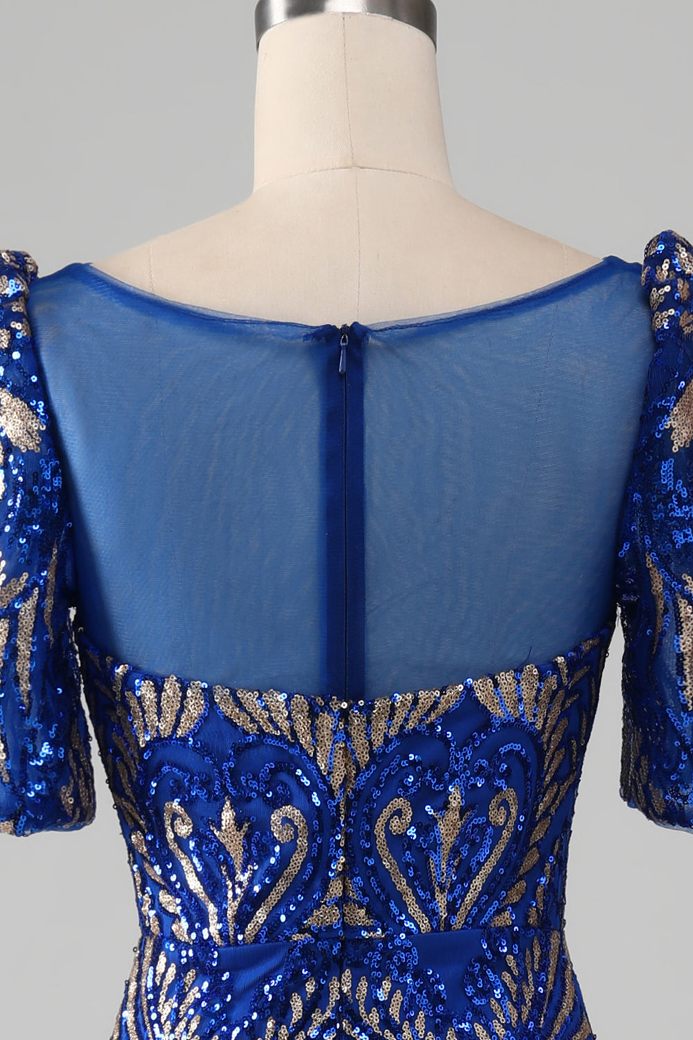 Robe de bal sirène bleu roi scintillante à manches courtes