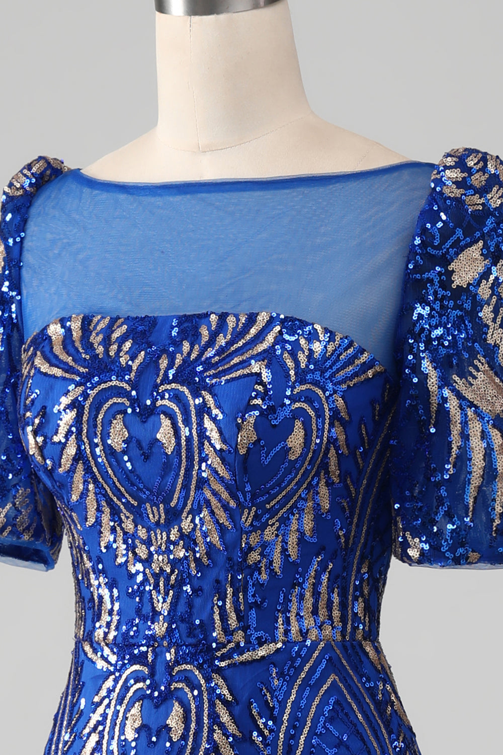 Robe de bal sirène bleu roi scintillante à manches courtes