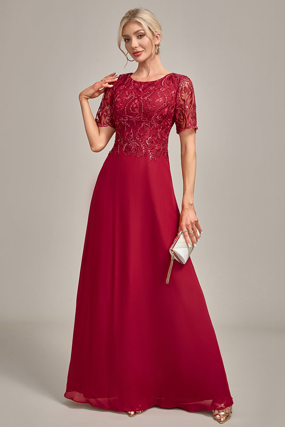 Robe de chœur longue à encolure ronde et ligne A bordeaux avec paillettes