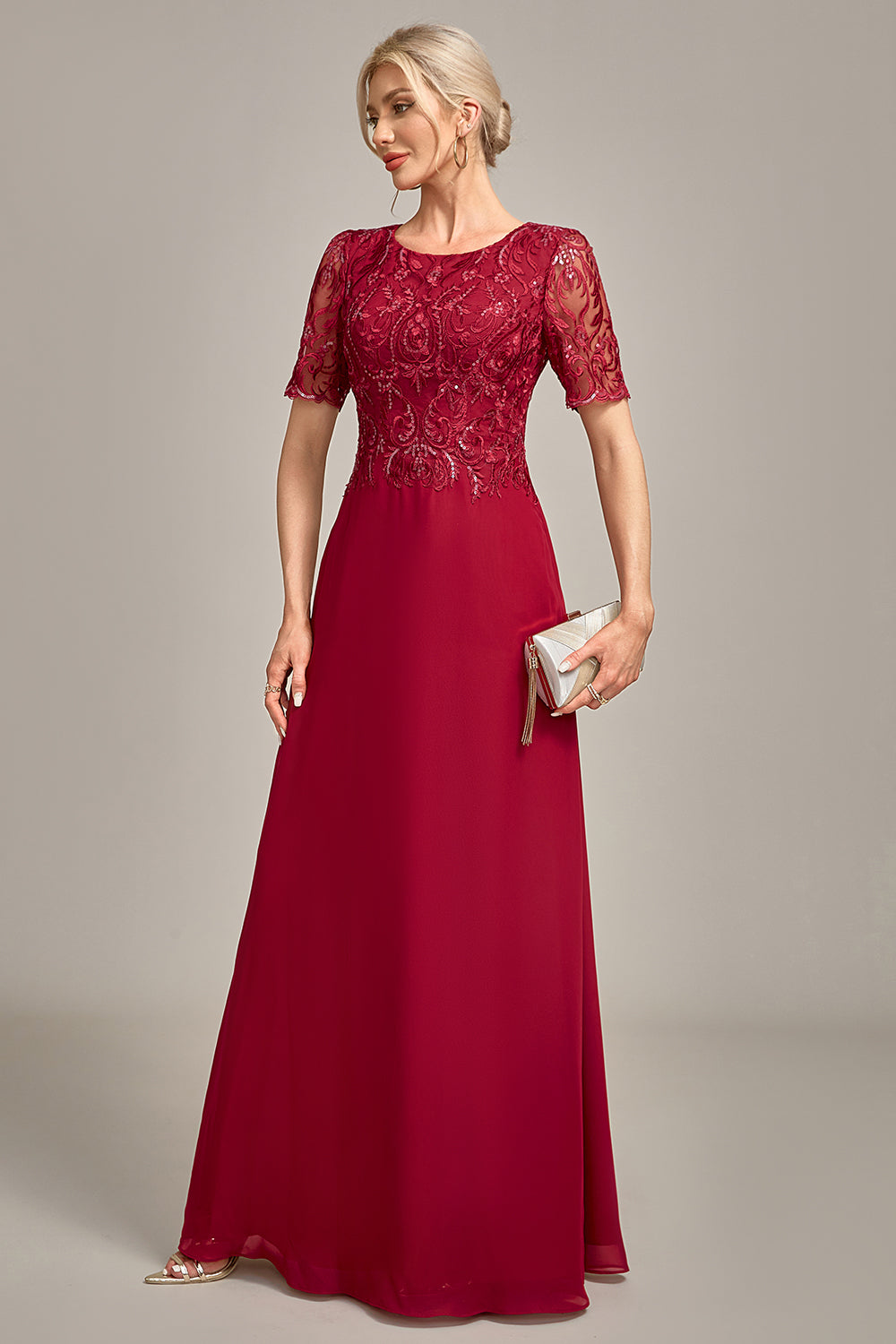 Robe de chœur longue à encolure ronde et ligne A bordeaux avec paillettes