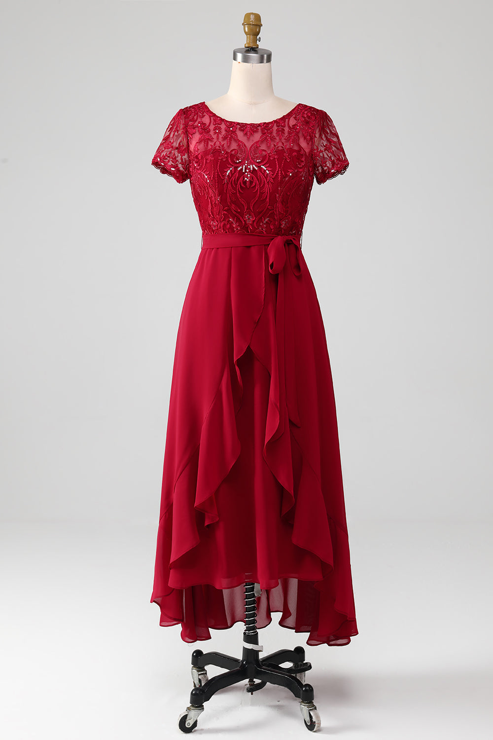 Burgundy Asymmetrical Sparkly Sequin Mother of the Bride Dress with Appliques