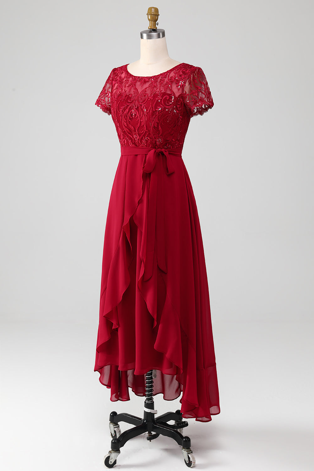 Burgundy Asymmetrical Sparkly Sequin Mother of the Bride Dress with Appliques