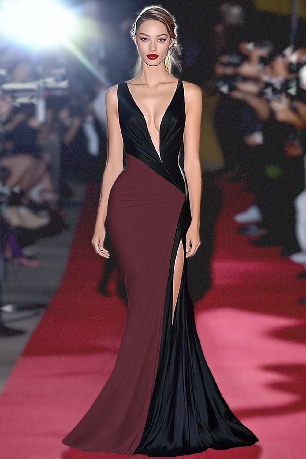 Robe longue de soirée fourreau noire et blanche, décolleté plongeant en V