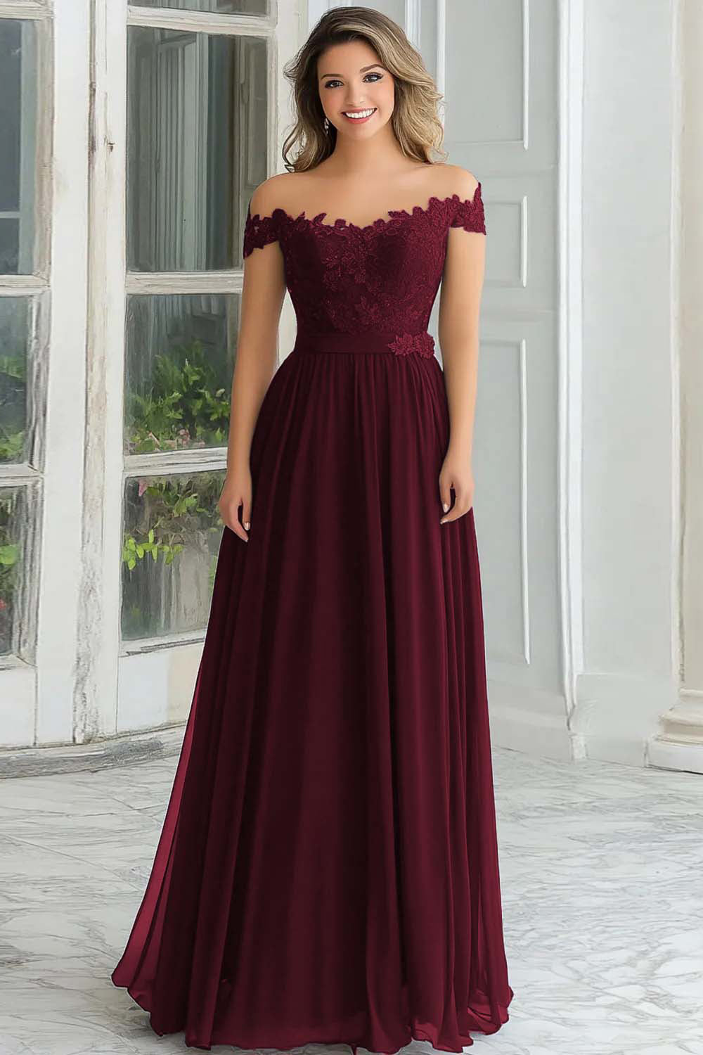 Robe longue de mère de la mariée élégante bleu marine coupe évasée en mousseline et dentelle avec épaules dénudées