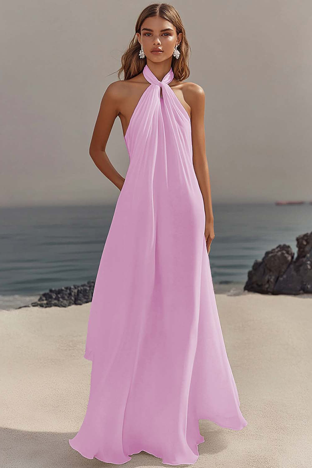 Elegant Sky Blue Halter Chiffon Formal Dress