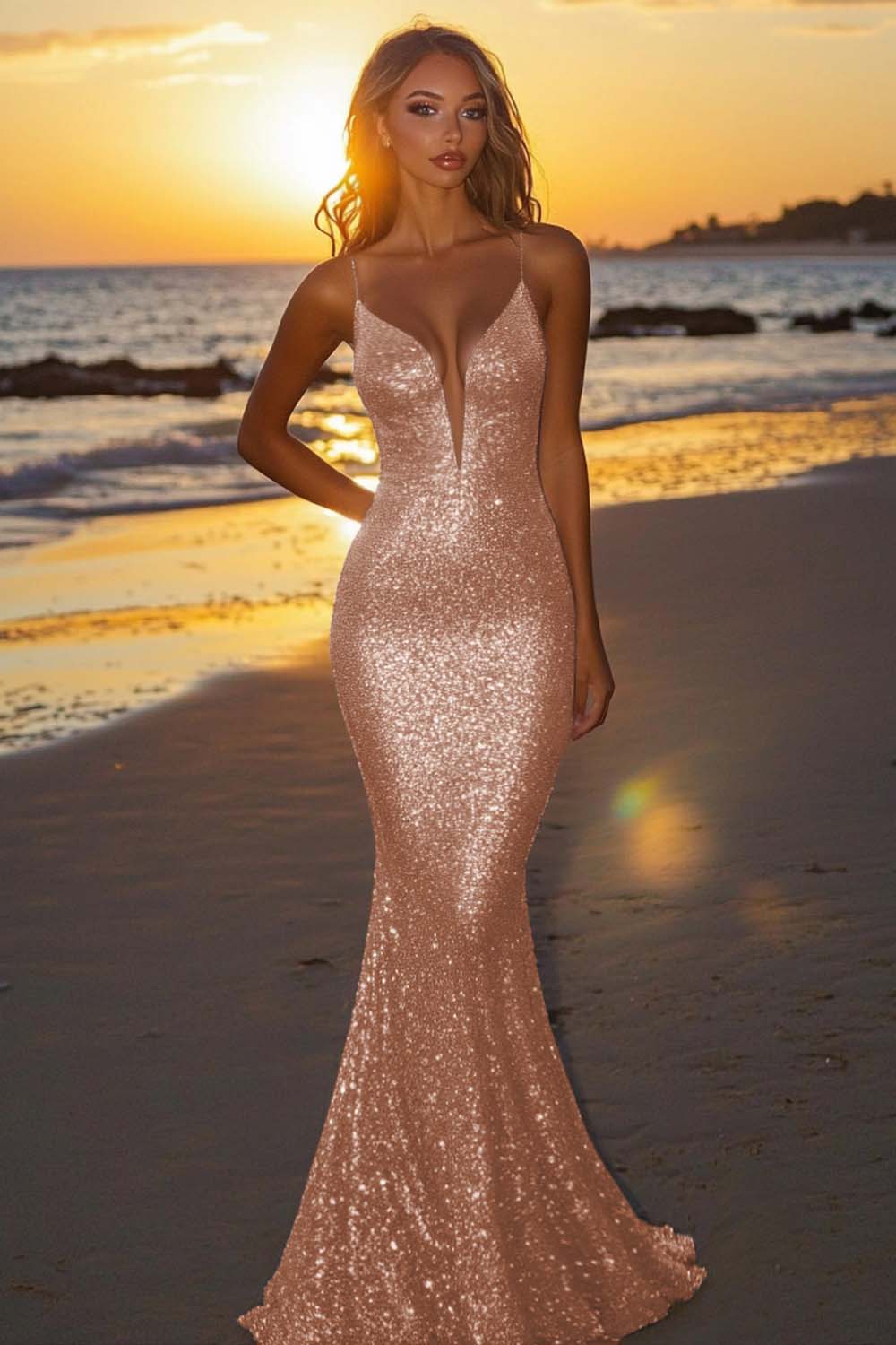 Robe de soirée longue sirène dos nu argentée scintillante