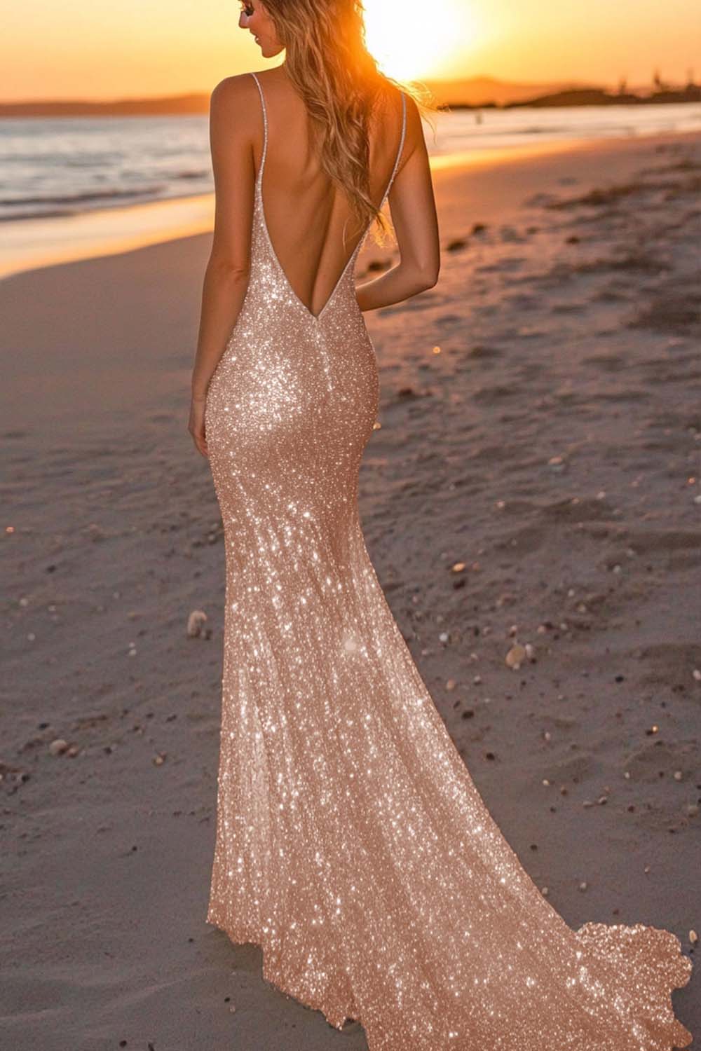 Robe de soirée longue sirène dos nu argentée scintillante