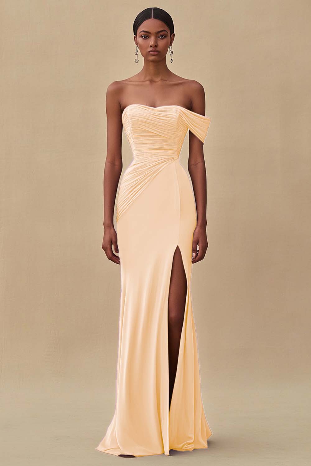 Robe de soirée longue sirène bleu encre à épaules dénudées avec fente
