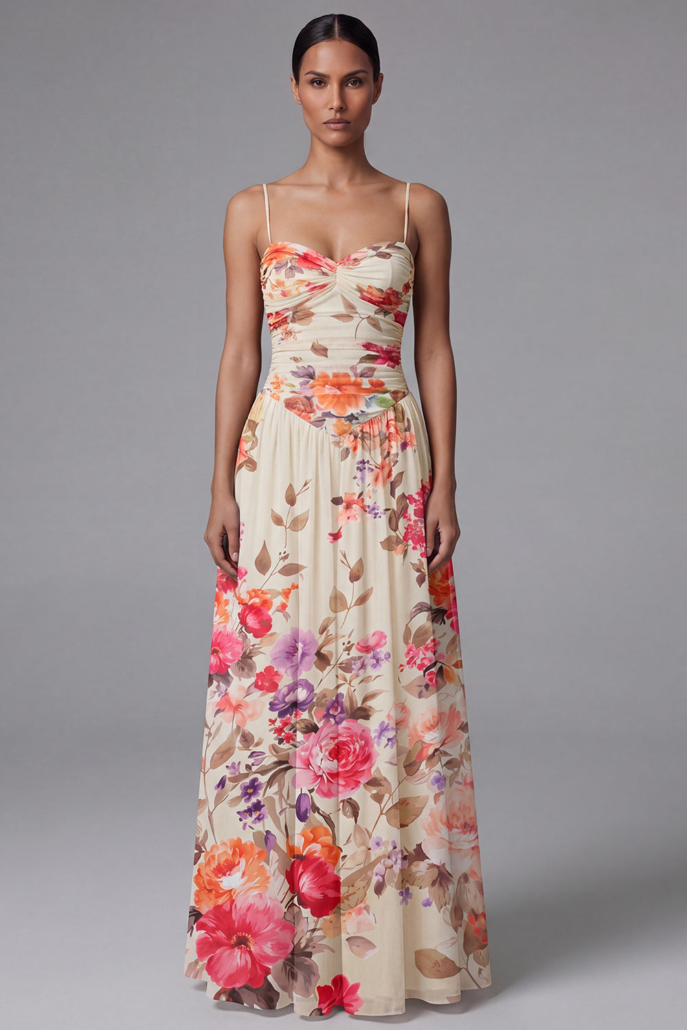 Printed Spaghetti Straps Black A Line Floral Dress
