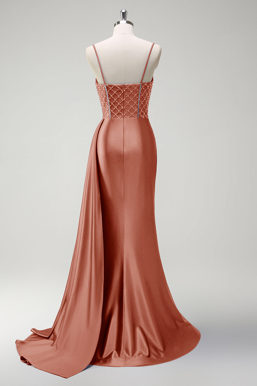 Robe longue de bal en satin plissée avec corset perlé sirène violet scintillant et fente