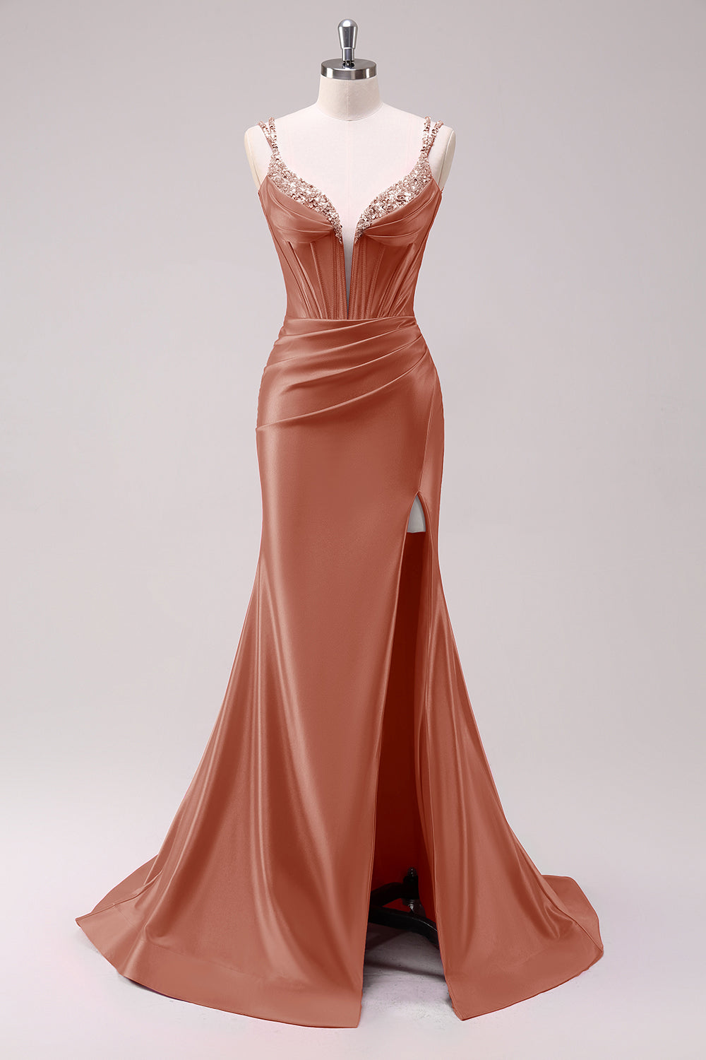 Sage Mermaid Spaghetti Straps Corset Sequin Prom Dress with Slit
