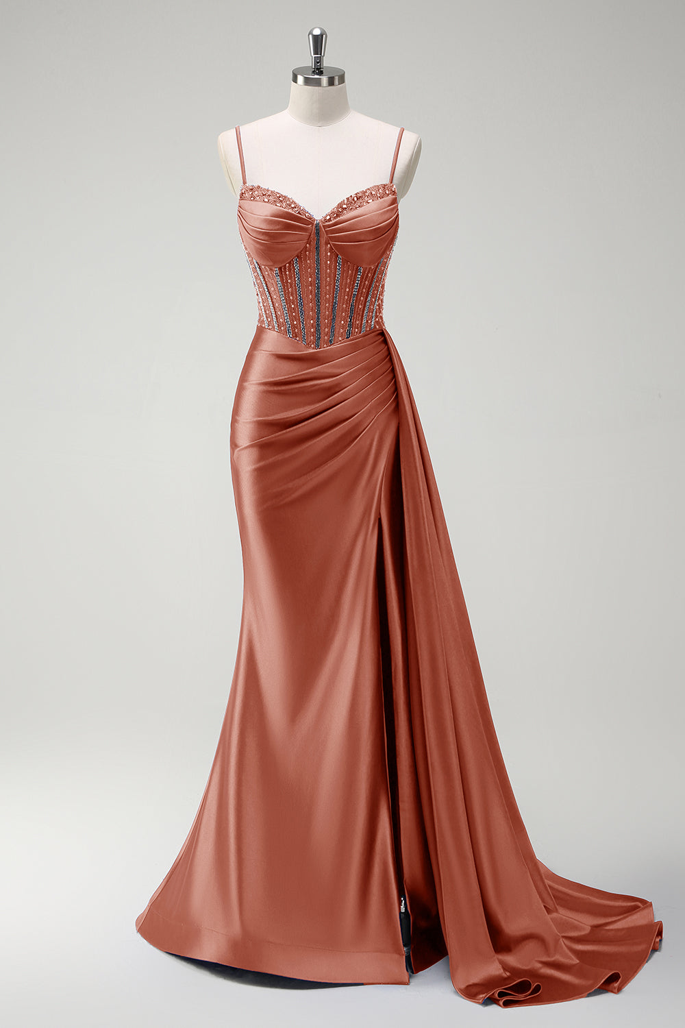 Robe longue de bal en satin plissée avec corset perlé sirène violet scintillant et fente