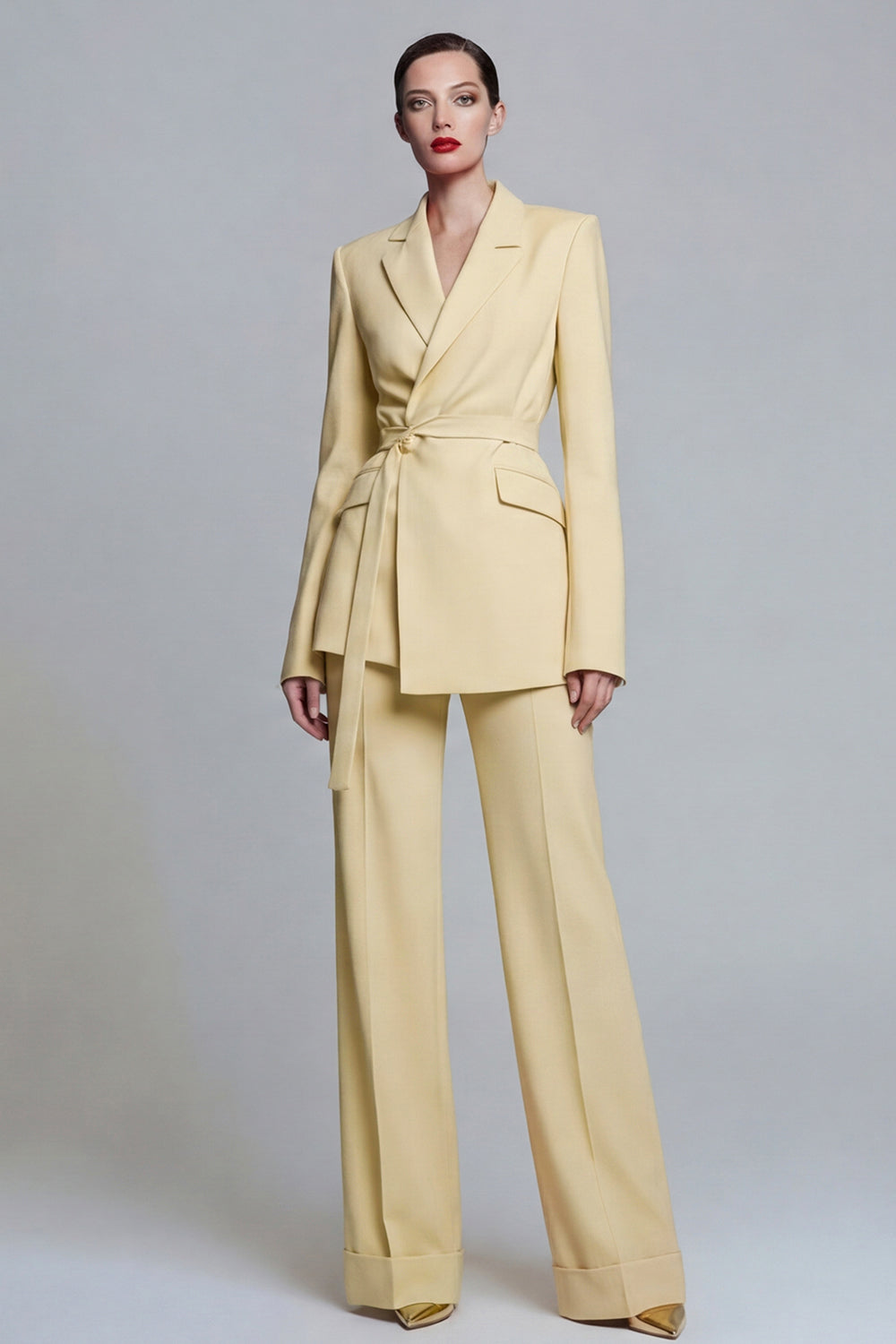 Fuchsia Notched Lapel 2-piece One Button Women's Work Suits with Belt
