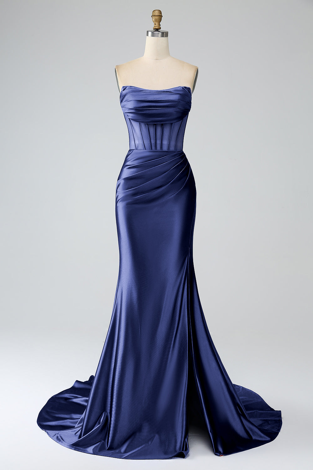Robe de bal longue bustier sirène bleu roi avec fente