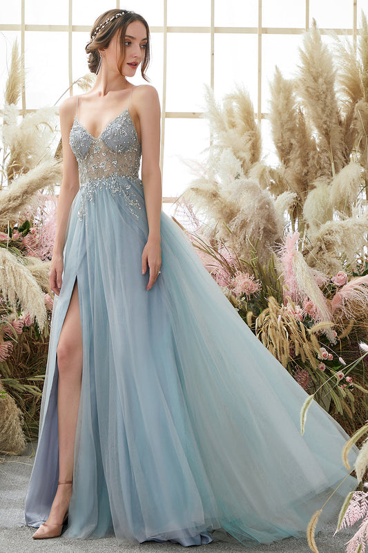 Light Blue Spaghetti Straps Prom Dress With Beading