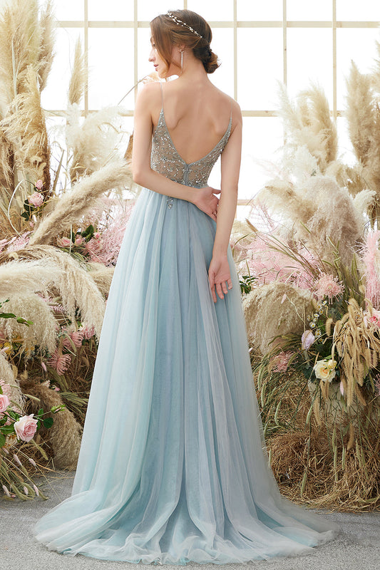 Light Blue Spaghetti Straps Prom Dress With Beading