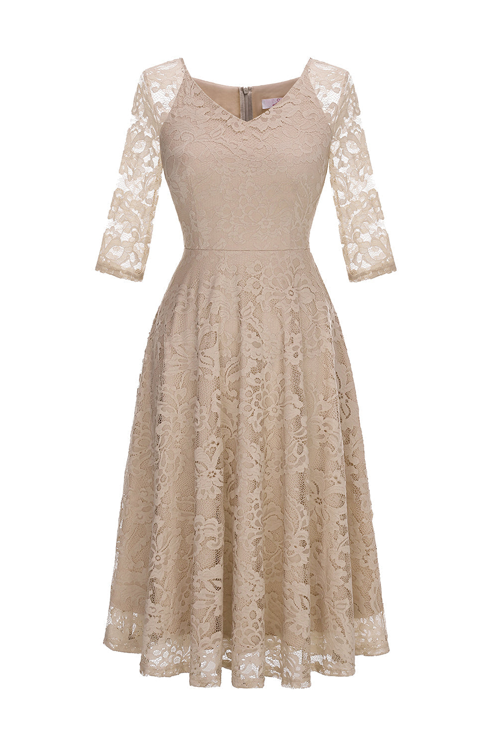 Robe de Soirée en Dentelle à Manches Trois-Quarts Champagne