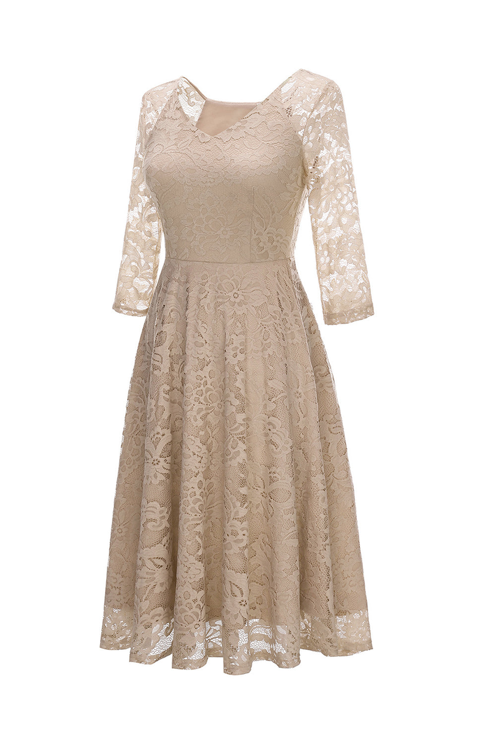 Robe de Soirée en Dentelle à Manches Trois-Quarts Champagne