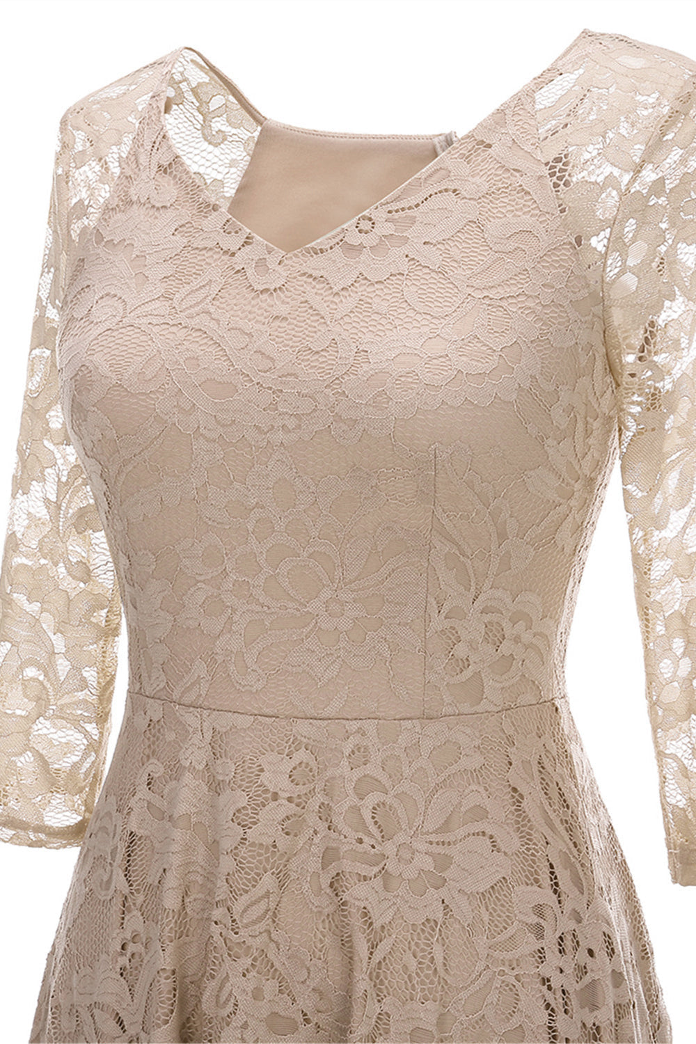 Robe de Soirée en Dentelle à Manches Trois-Quarts Champagne