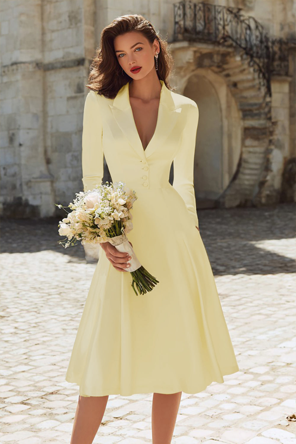 Ivory Satin Peaked Lapel A-Line Midi Engagement Dress