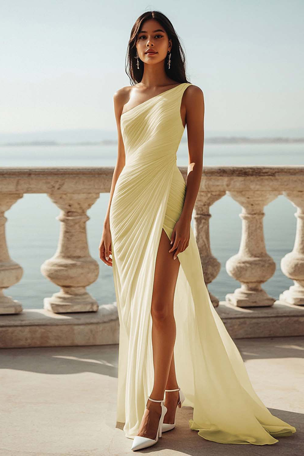 Chiffon Ivory One Shoulder Maxi Sheath Beach Engagement Dress with Slit